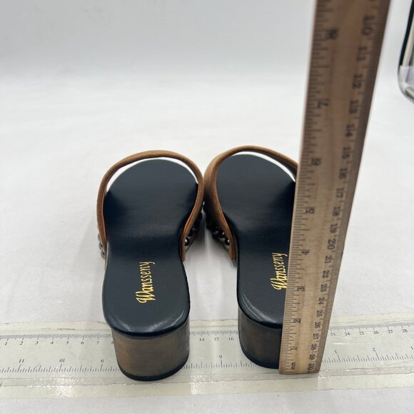 Wansseny Brown Suede Open Toe Studded Slip on Flatform Low Heel Clogs Mules - Picture 5 of 8